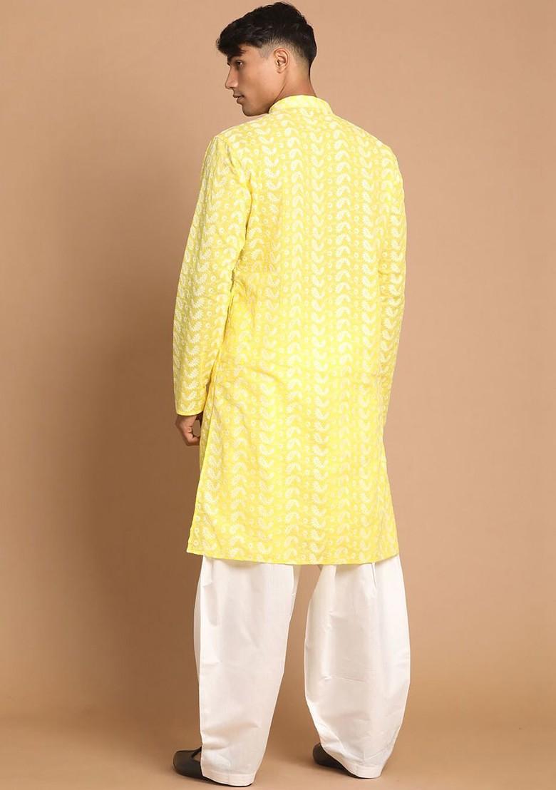 Yellow Ethnic Motifs Cotton Kurta Set For Men