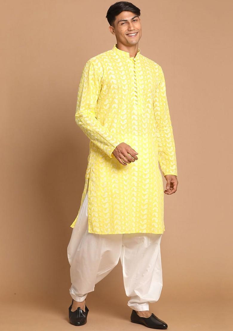 Yellow Ethnic Motifs Cotton Kurta Set For Men
