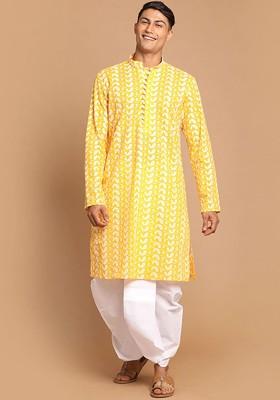 Orange Ethnic Motifs Cotton Kurta Set For Men