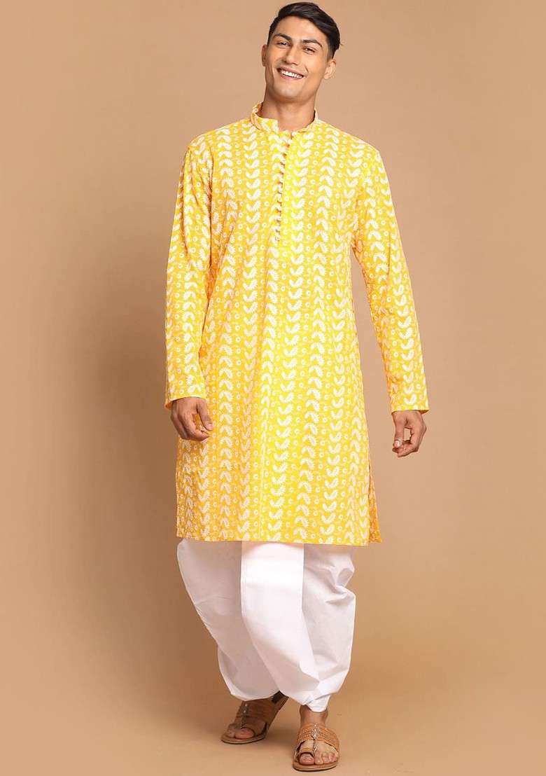 Orange Ethnic Motifs Cotton Kurta Set For Men - Indya