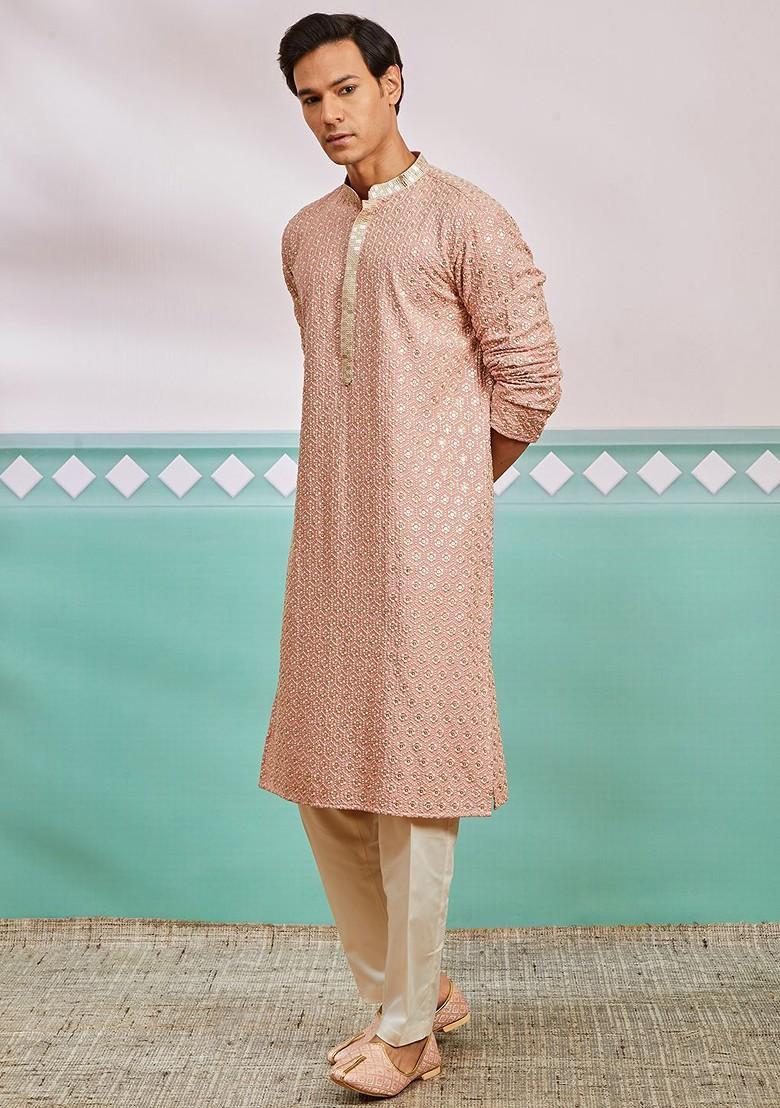 Peach Ethnic Motifs Poly Blend Kurta Set For Men