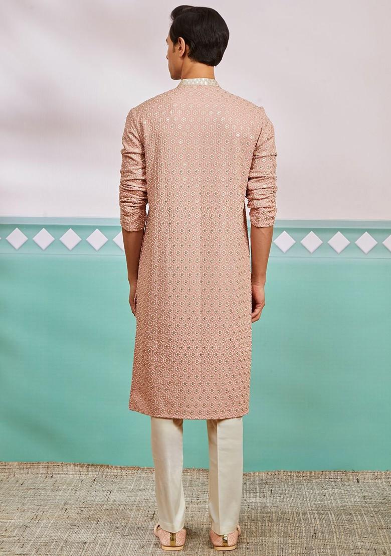 Peach Ethnic Motifs Poly Blend Kurta Set For Men