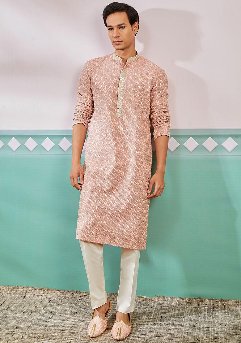 Peach Ethnic Motifs Poly Blend Kurta Set For Men