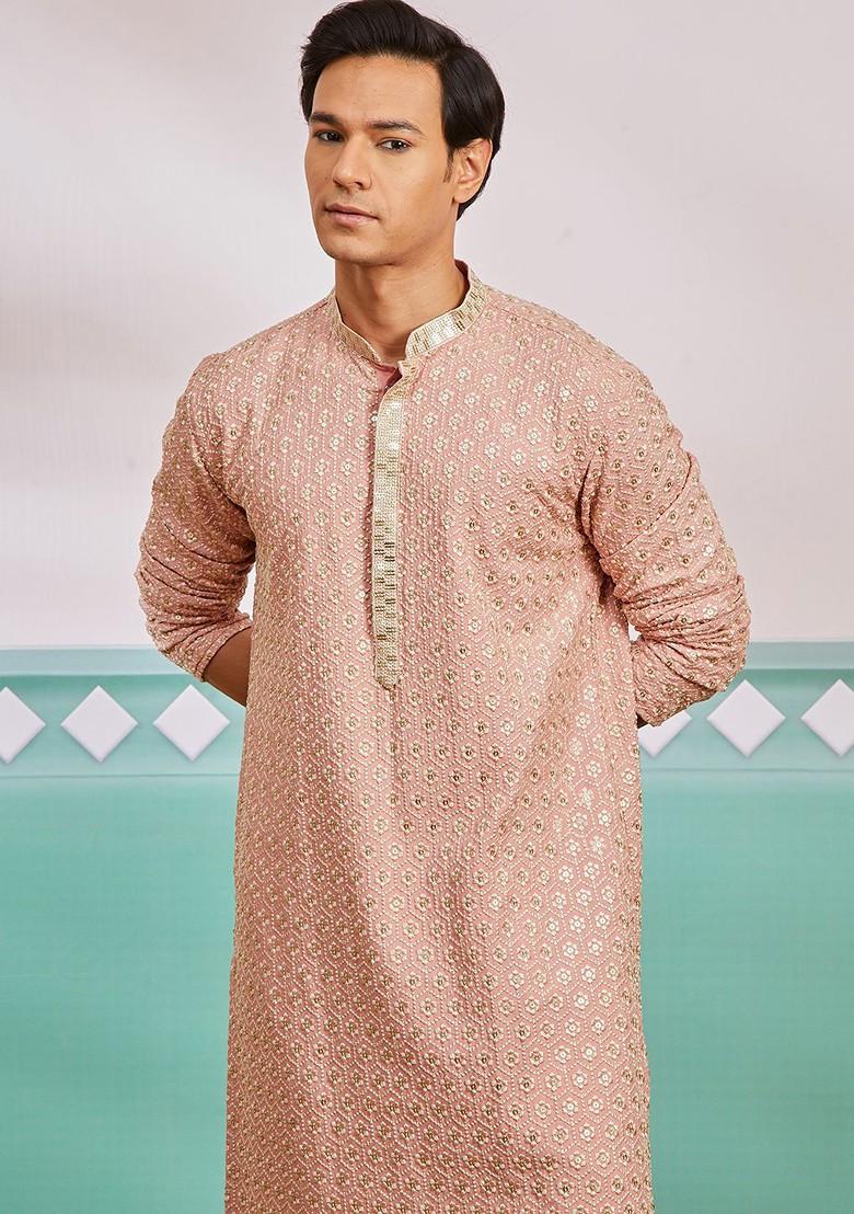 Peach Ethnic Motifs Poly Blend Kurta Set For Men