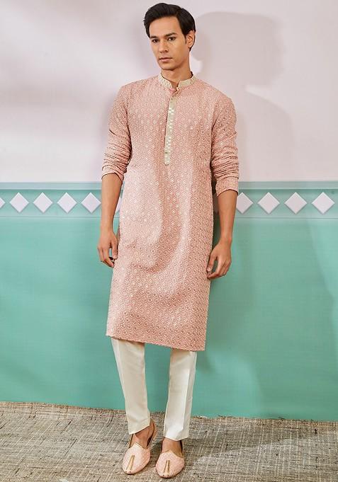 Peach Ethnic Motifs Poly Blend Kurta Set For Men