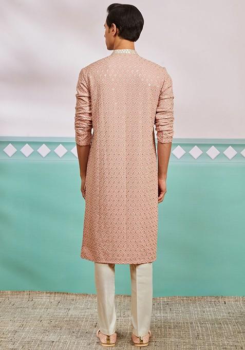 Peach Ethnic Motifs Poly Blend Kurta Set For Men