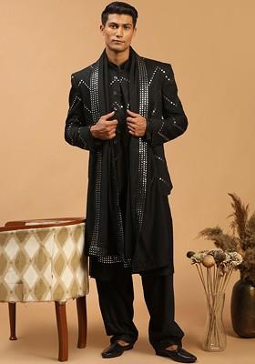 Black Mirror Work Poly Blend Kurta Set For Men