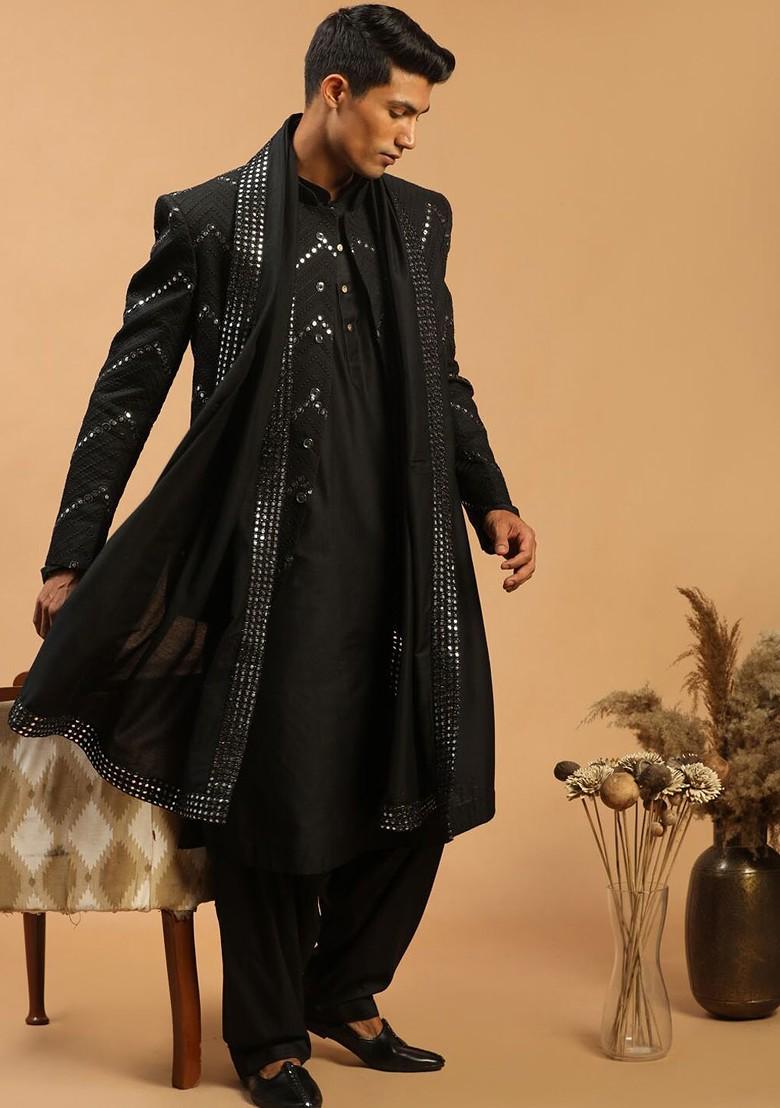 Black Mirror Work Poly Blend Kurta Set For Men