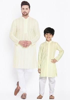 Yellow Printed Cotton Kurta Set For Men