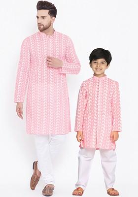 Pink Embroidered Poly Blend Kurta Set For Men