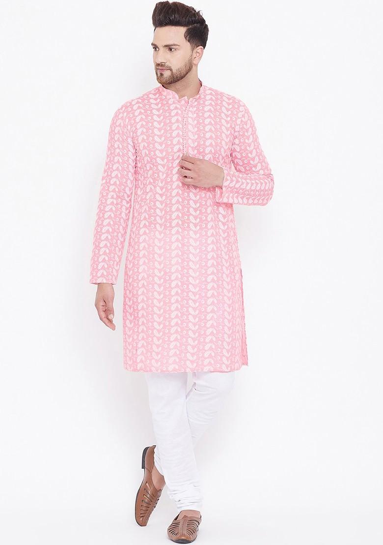 Pink Embroidered Poly Blend Kurta Set For Men