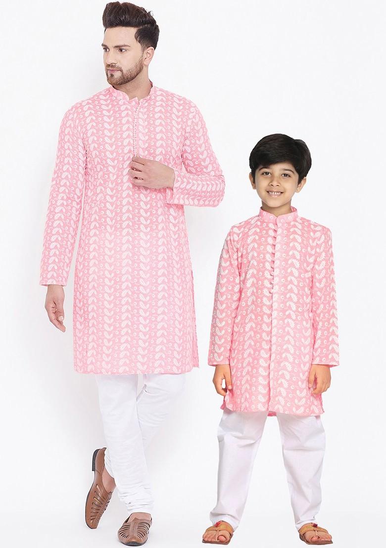 Pink Embroidered Poly Blend Kurta Set For Men