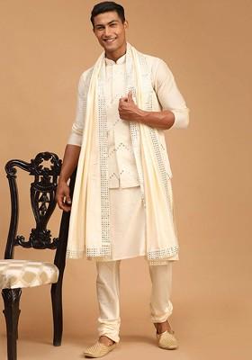 Cream Mirror Work Poly Blend Kurta Set For Men