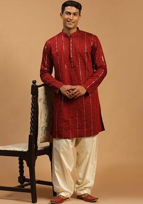 Maroon Embroidered Poly Blend Kurta Set For Men