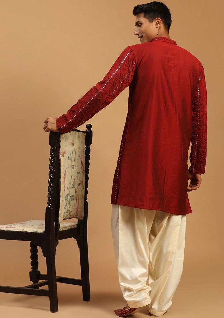 Maroon Embroidered Poly Blend Kurta Set For Men