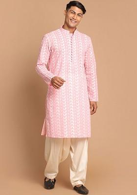 Pink Embroidered Cotton Kurta Set For Men