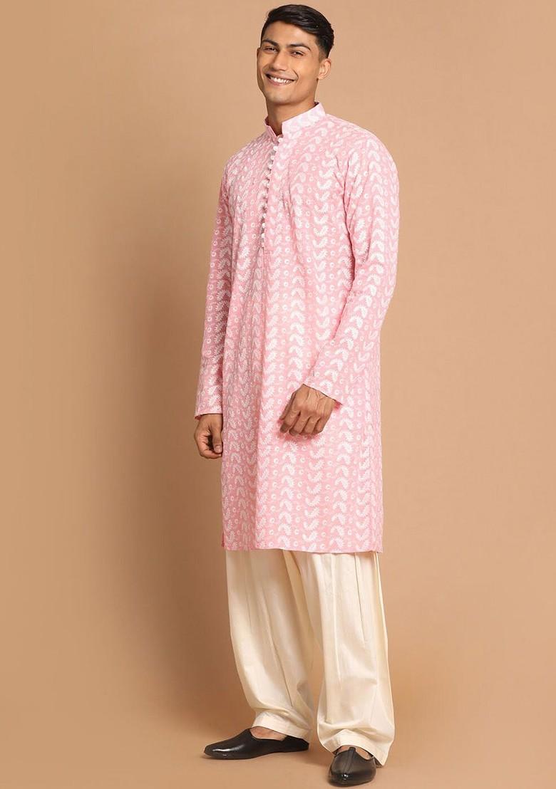 Pink Embroidered Cotton Kurta Set For Men