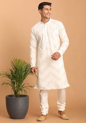 White Embroidered Poly Blend Kurta Set For Men