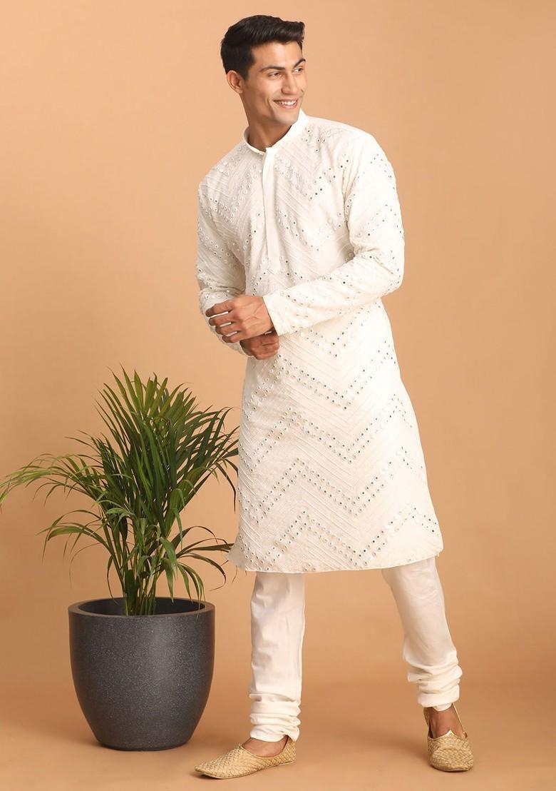 White Embroidered Poly Blend Kurta Set For Men
