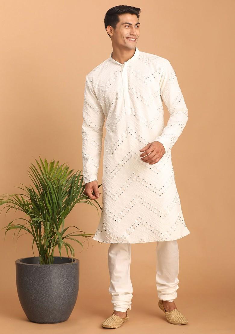 White Embroidered Poly Blend Kurta Set For Men
