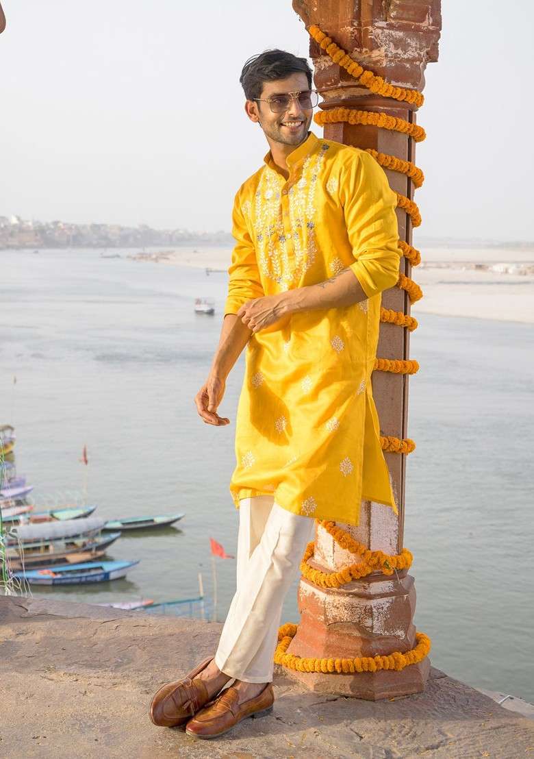 Yellow Floral Print Poly Blend Kurta Set For Men - Indya