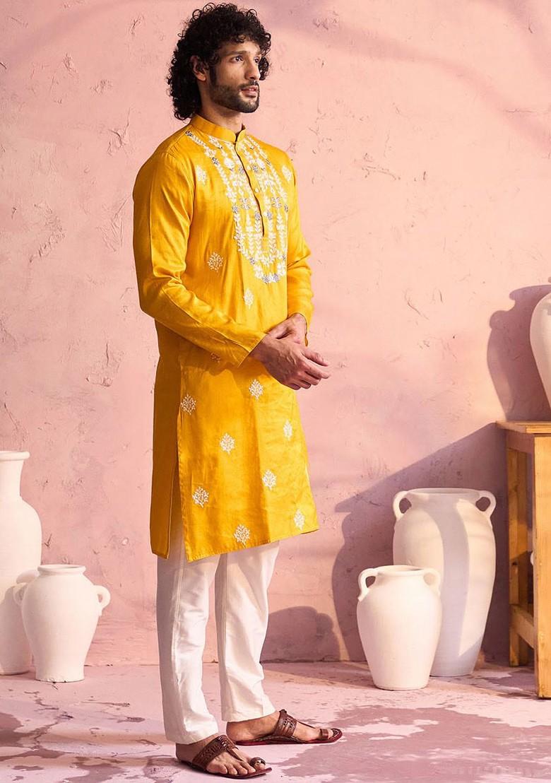 Yellow Floral Print Poly Blend Kurta Set For Men