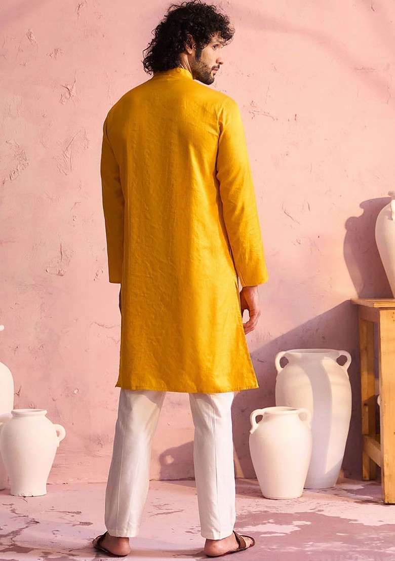Yellow Floral Print Poly Blend Kurta Set For Men - Indya