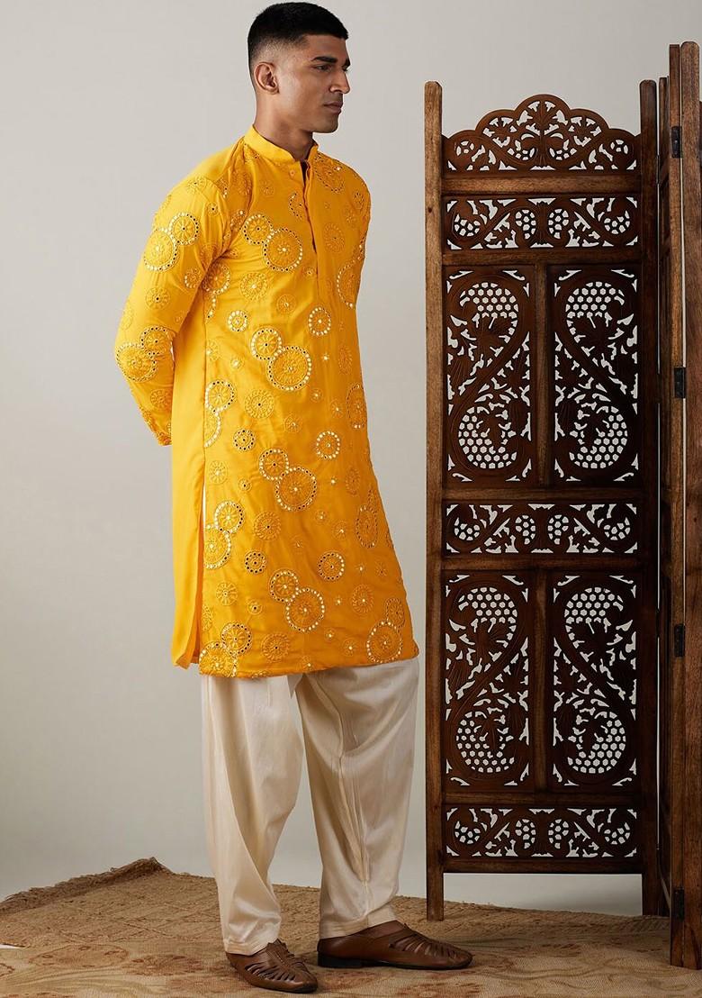 Yellow Embroidered Poly Blend Kurta Set For Men