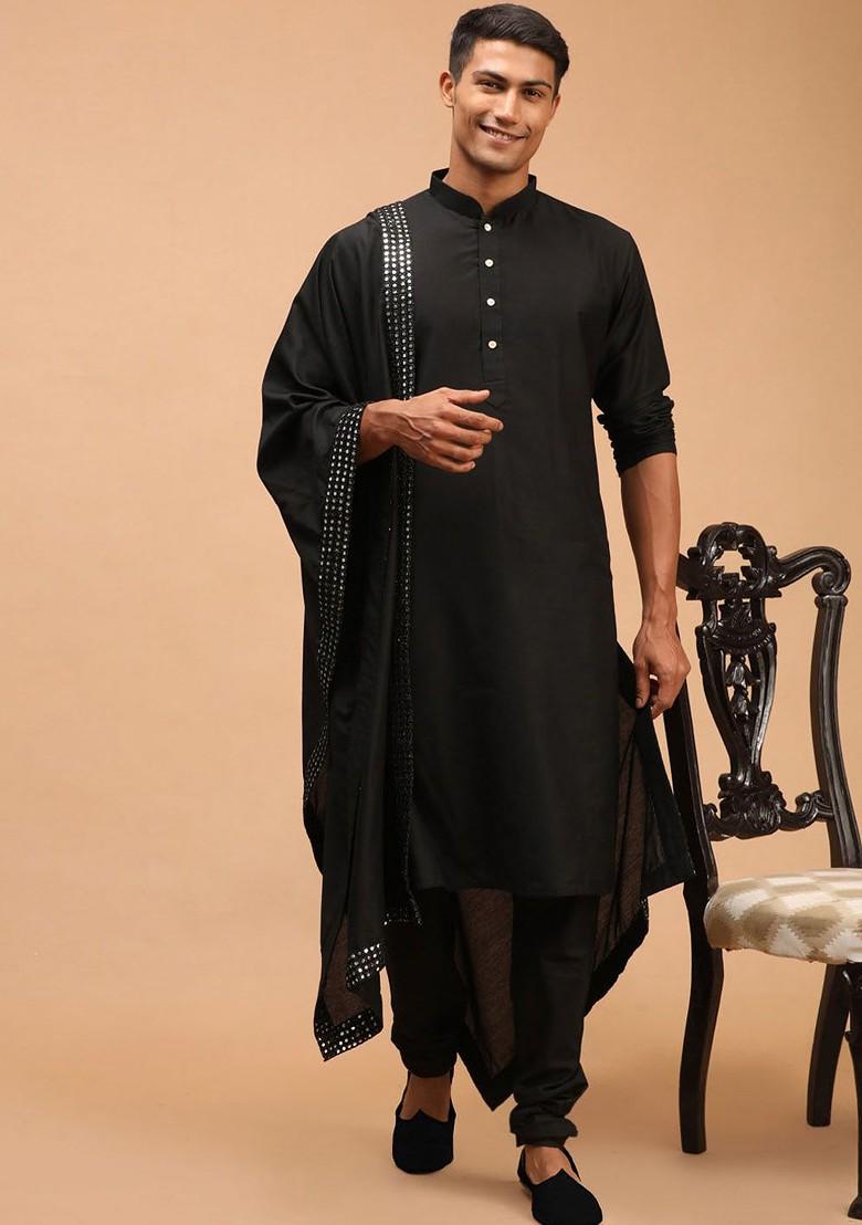 Black Solid Poly Blend Kurta Set For Men