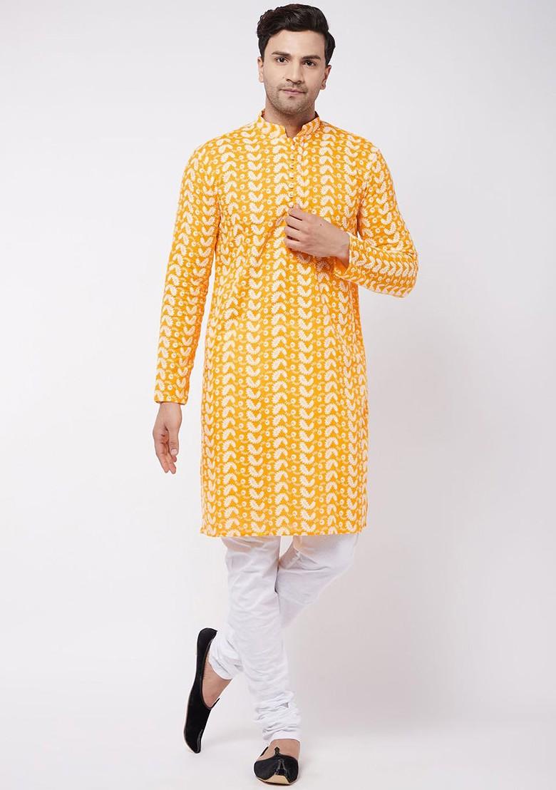 Orange Solid Poly Blend Kurta Set For Men