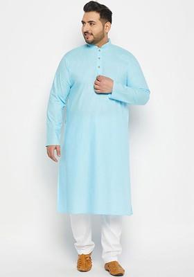 Blue Solid Poly Blend Kurta Set For Men