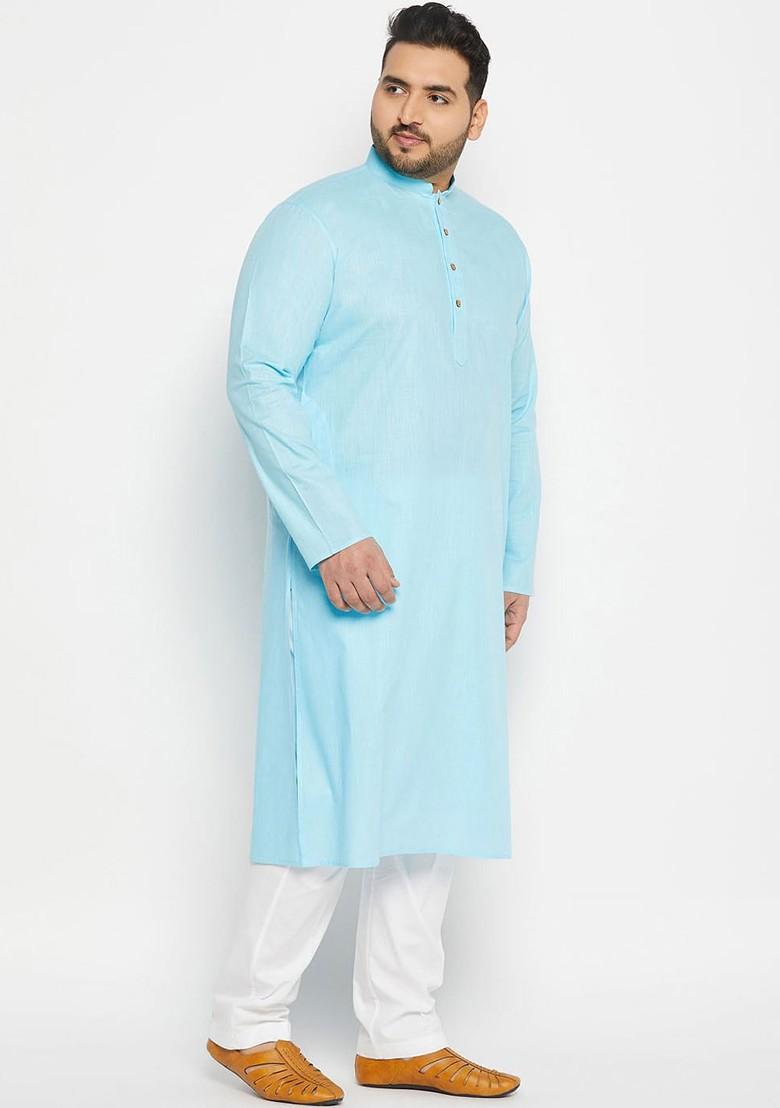 Blue Solid Poly Blend Kurta Set For Men