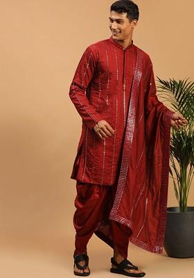 Maroon Embroidered Poly Blend Kurta Set For Men