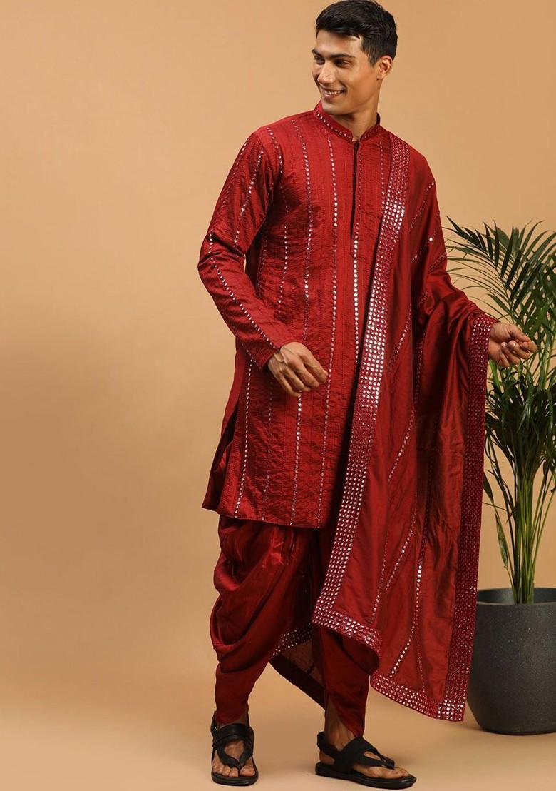 Maroon Embroidered Poly Blend Kurta Set For Men