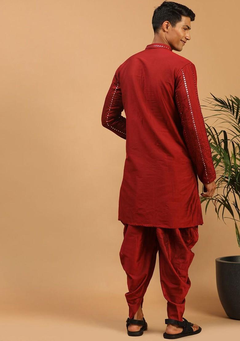Maroon Embroidered Poly Blend Kurta Set For Men