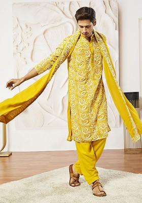 Mustard Floral Print Poly Blend Kurta Set For Men