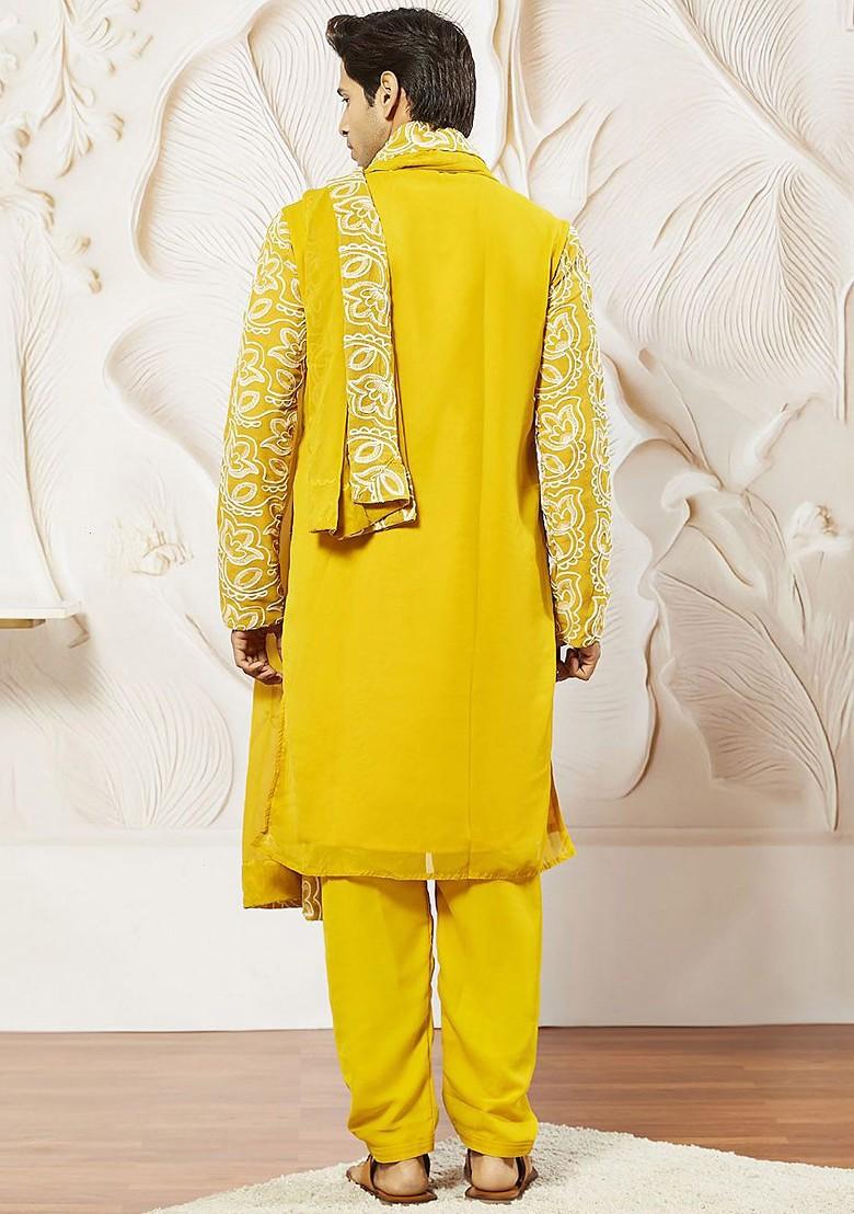 Mustard Floral Print Poly Blend Kurta Set For Men