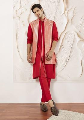 Red Solid Poly Blend Kurta Set For Men