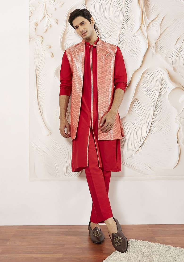 Red Solid Poly Blend Kurta Set For Men - Indya