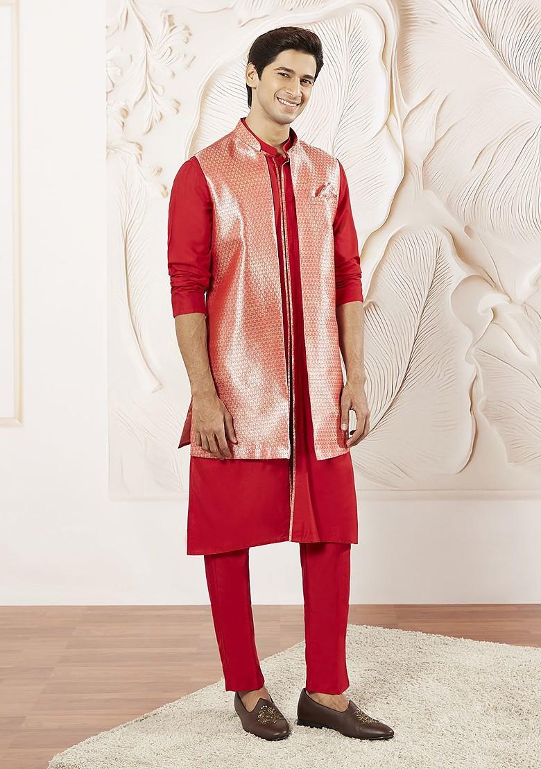 Red Solid Poly Blend Kurta Set For Men