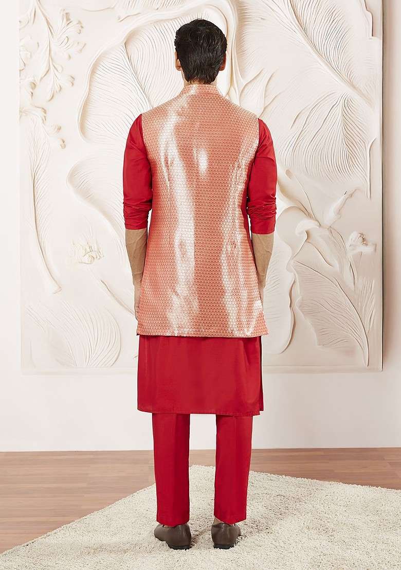 Red Solid Poly Blend Kurta Set For Men - Indya
