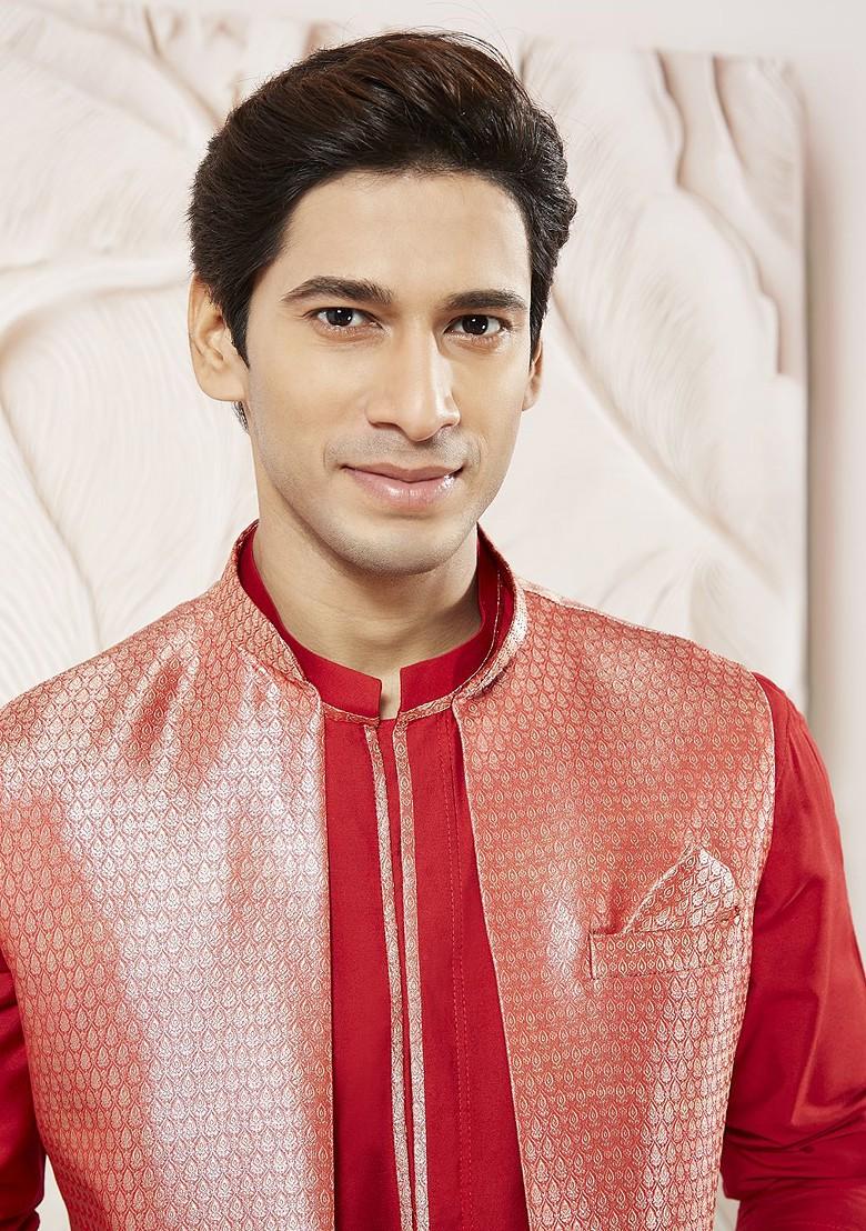 Red Solid Poly Blend Kurta Set For Men
