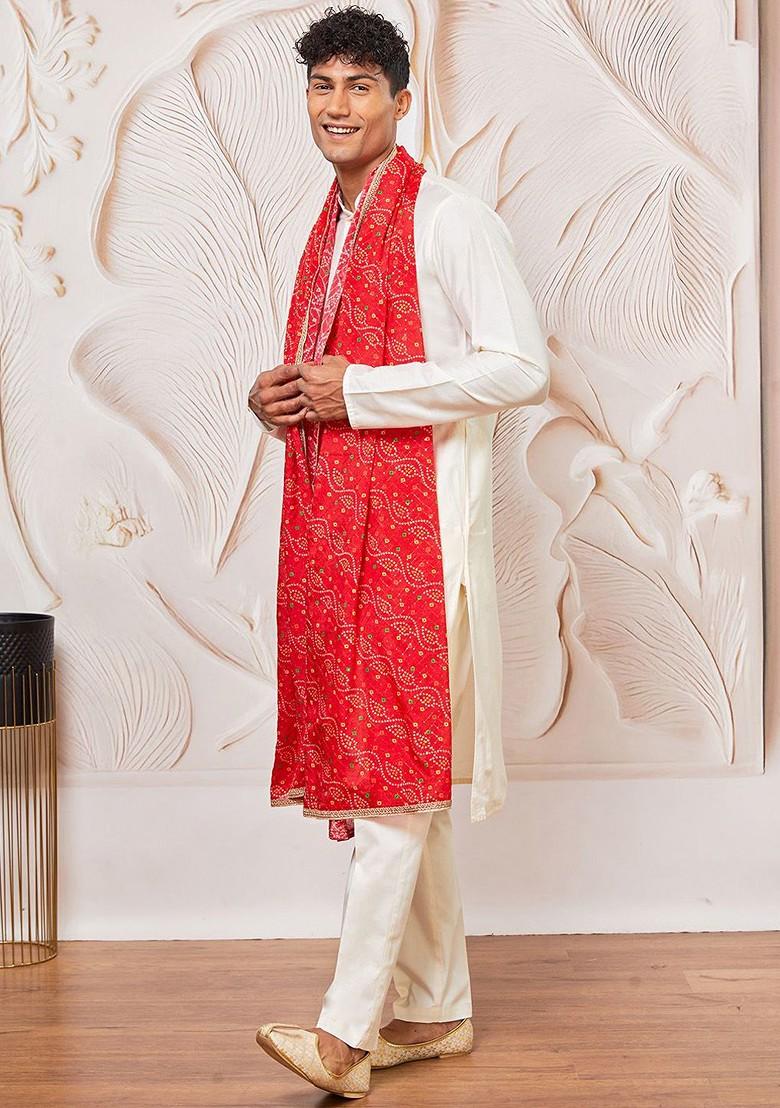 Cream Solid Poly Blend Kurta Set For Men