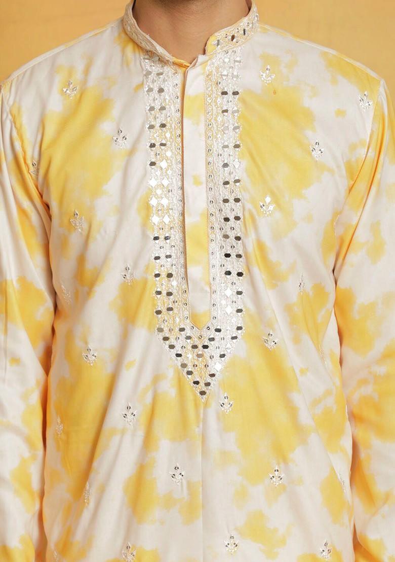 Yellow Abstract Print Poly Blend Kurta Set For Men