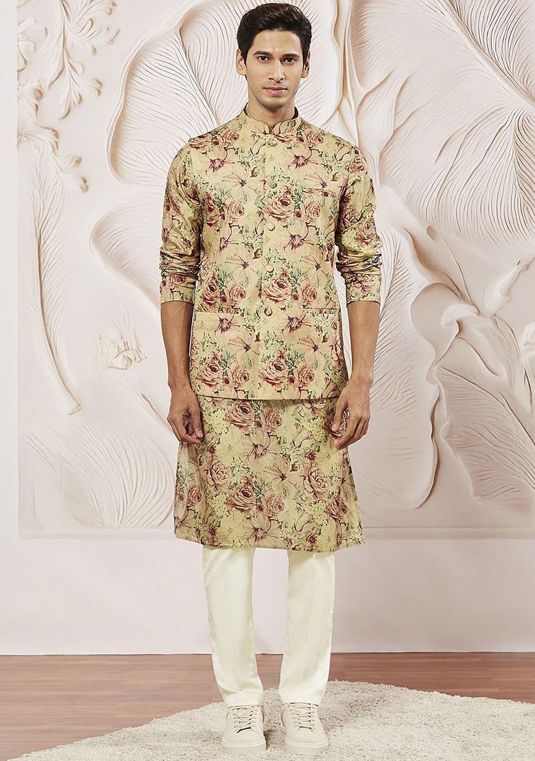 Brown Floral Print Poly Blend Kurta Set For Men