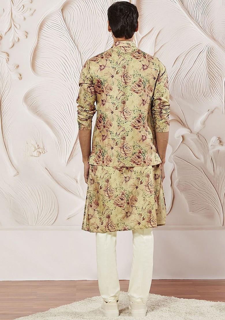 Brown Floral Print Poly Blend Kurta Set For Men