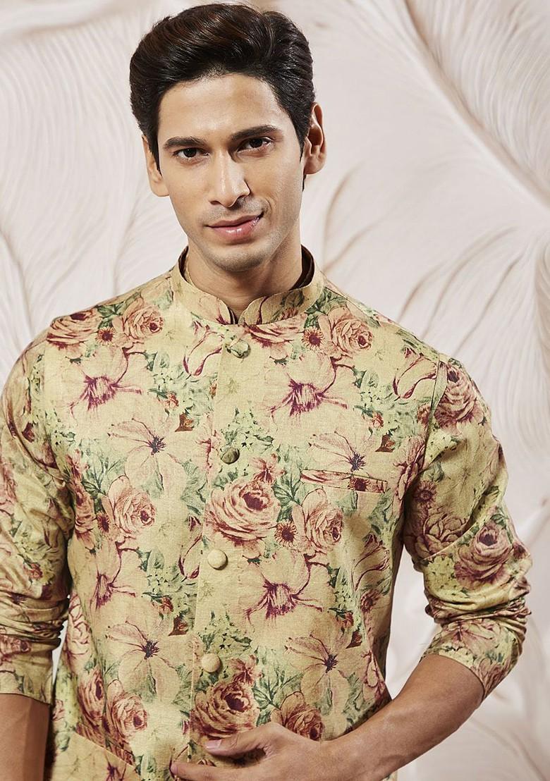 Brown Floral Print Poly Blend Kurta Set For Men