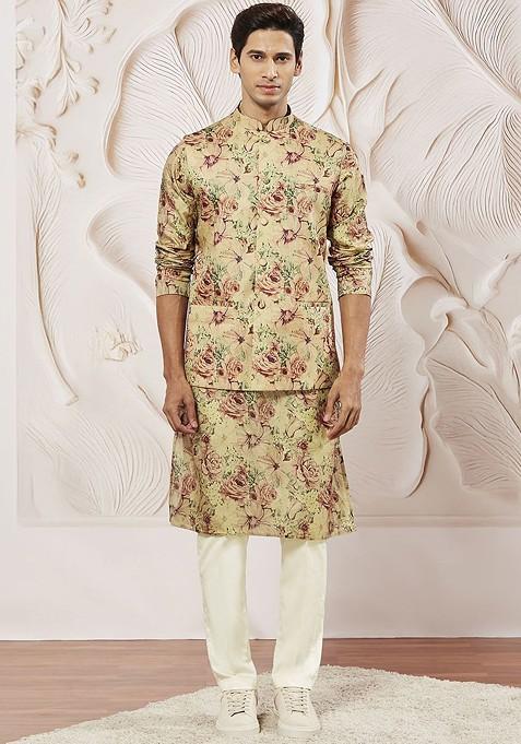 Brown Floral Print Poly Blend Kurta Set For Men