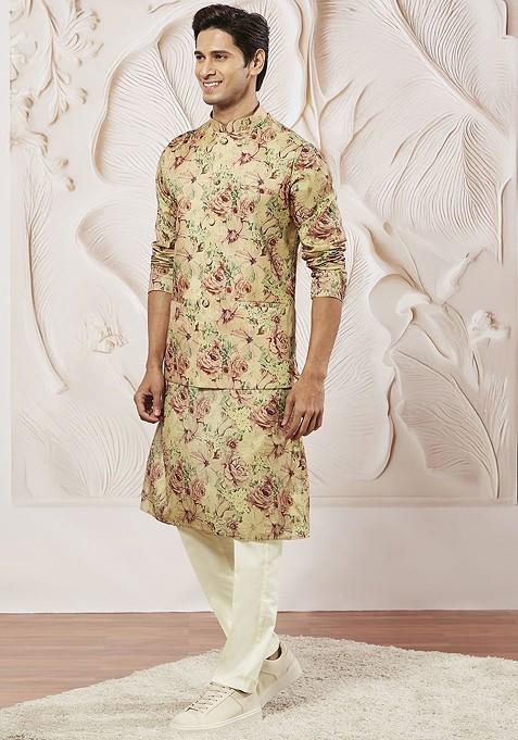 Brown Floral Print Poly Blend Kurta Set For Men