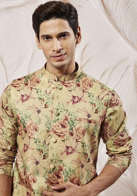 Brown Floral Print Poly Blend Kurta Set For Men